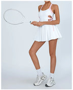 Tennis Dress Women with Separate Shorts White Contrast Hollowed Out Drawstring Side Sports Yoga Dress Training Running Fitness