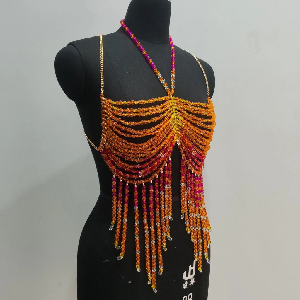 Handmade Orange Mermaid Body Chain Bralette With Beaded Harness