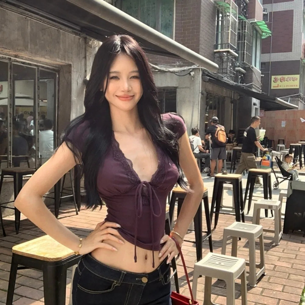 V-Neck Lace Crop Top