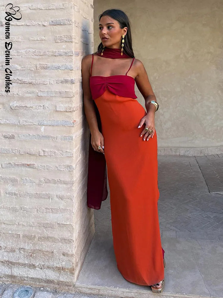 Orange Color Blocking Scarf Collar Maxi Dress For Lady Sleek Cinched Waist Bodycon Silhouette
