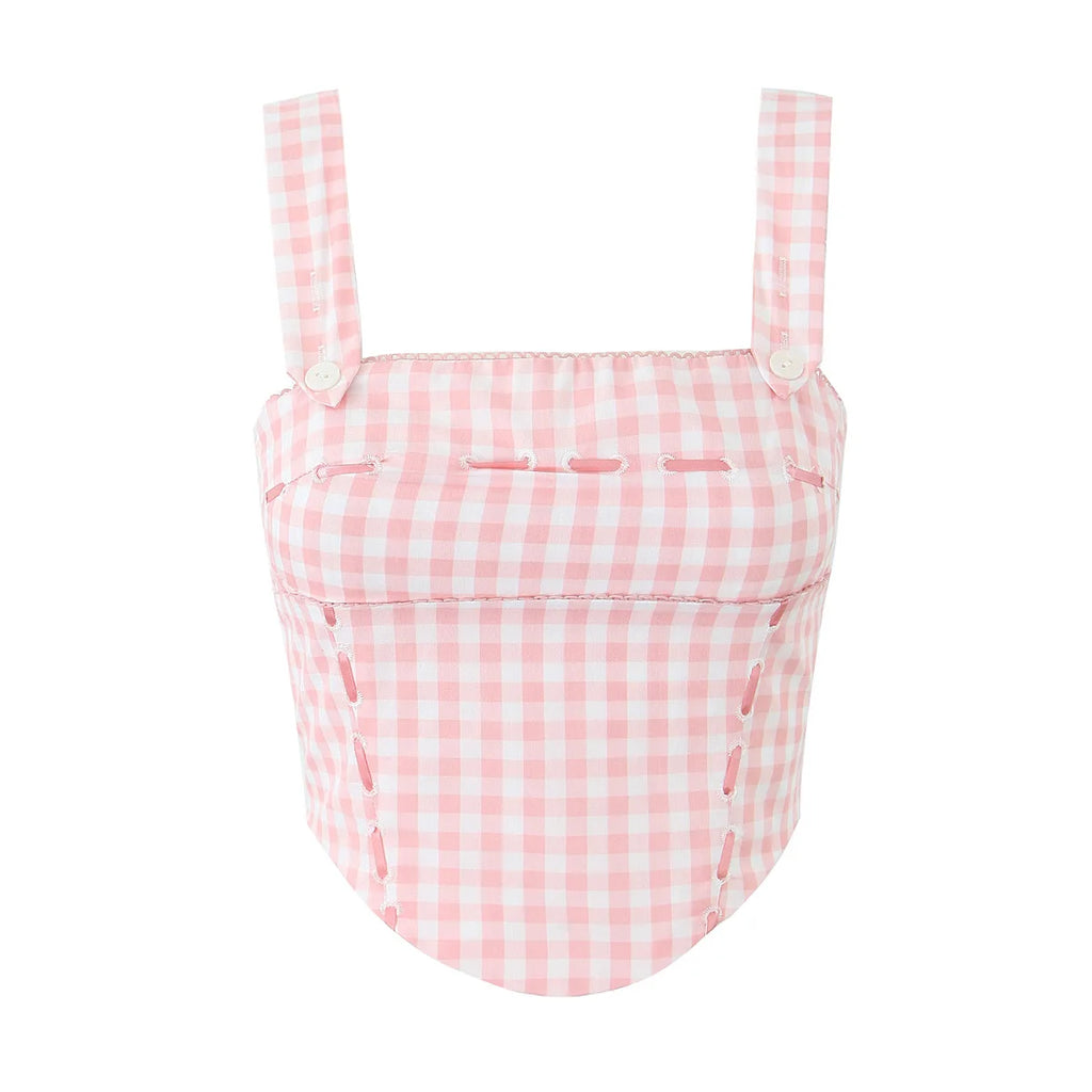 Pink Plaid Crop Top With Slash Collar