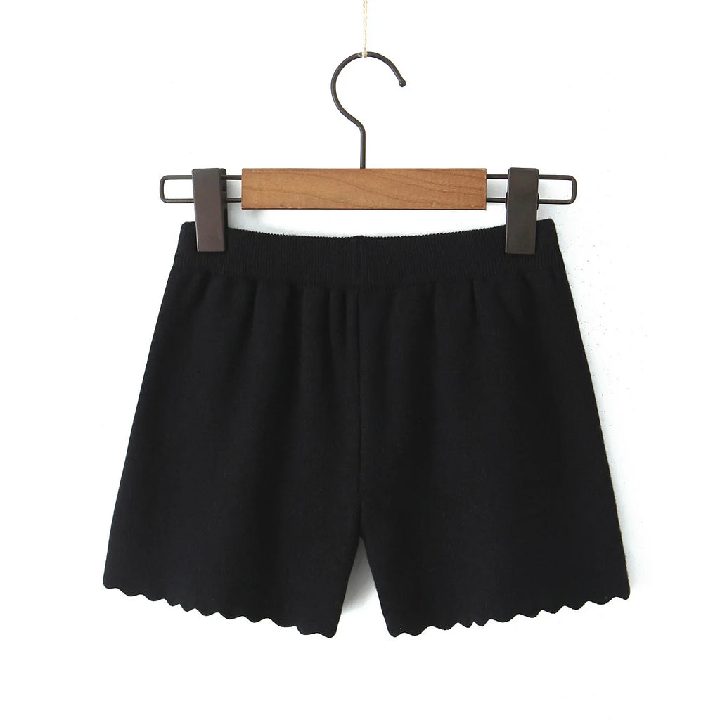 Vintage Two-piece Knit Cardigan And Elastic Waist Shorts Set