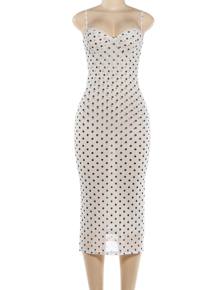Polka Dot Sling Dress With Backless V Neck Sleek Sheath