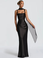 Elegant Satin Backless Halter Off-Shoulder Maxi Dress