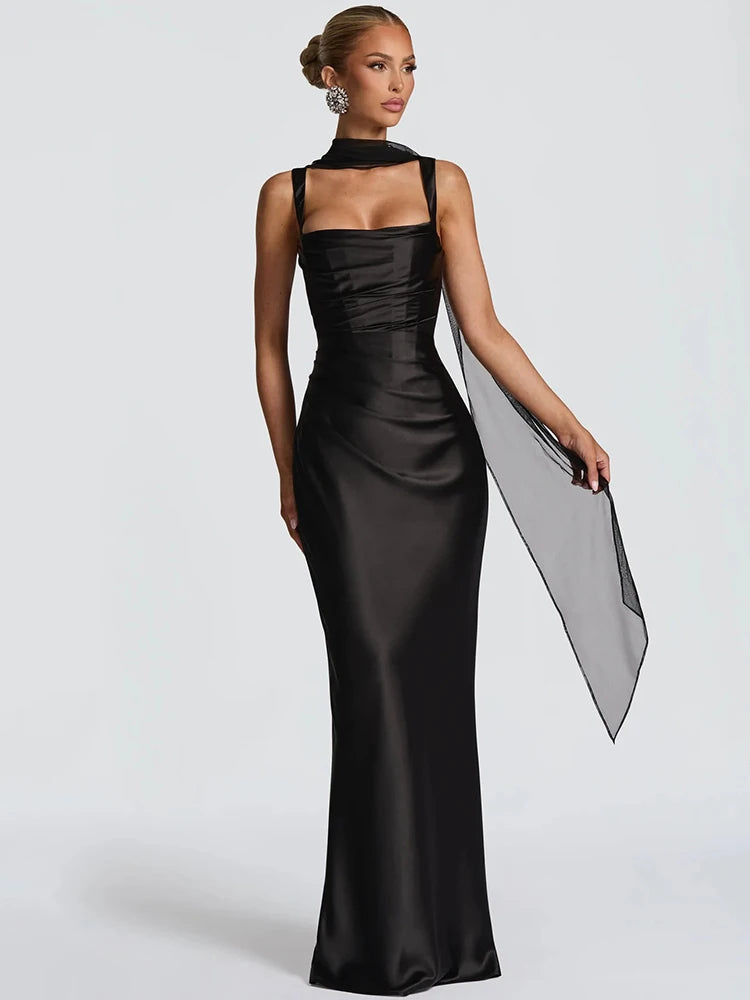 Elegant Satin Backless Halter Off-Shoulder Maxi Dress