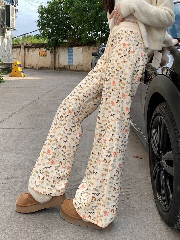 Cozy Puppy Print High Waist Fleece-Lined Flared Leg Pants