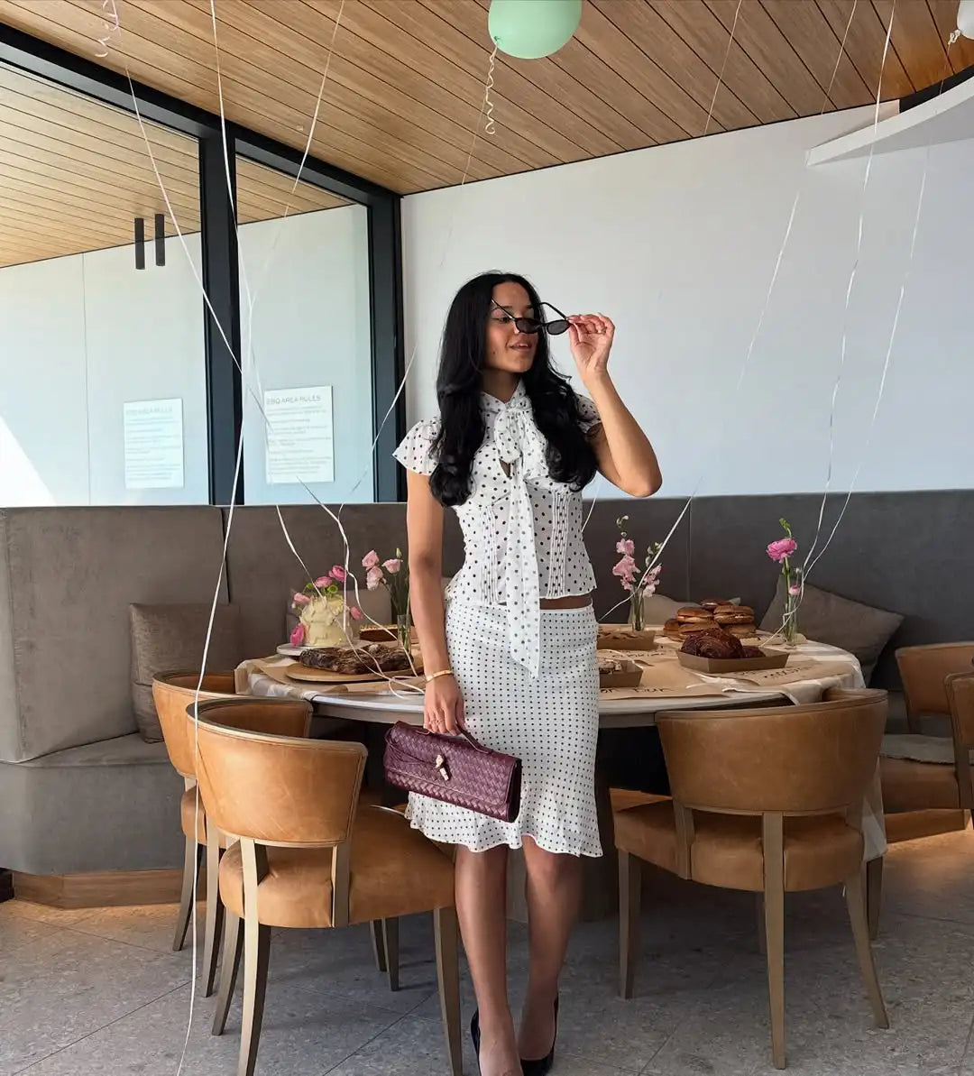 Sheer French-Style Chiffon Shirt with Ribbon Stand Collar Hollow-Out Front Placket Buttoned Waist-Cinching Short Top with Small Flutter Sleeves
