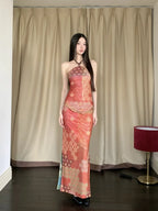 Vintage Reversible Two Piece Halter Neck Top And Long Skirt Set