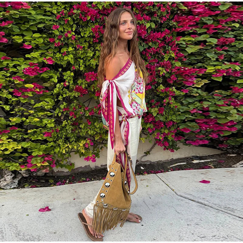 Boho Floral One Shoulder Camisole Tank Top With Asymmetrical Hem
