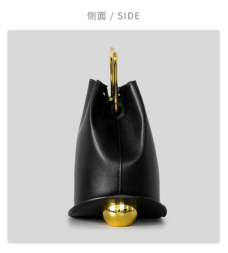 Gold Metallic Irregular Bucket Bag With Ball Base Leather Tote