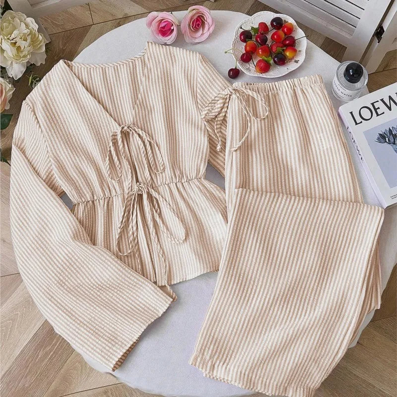 Striped Lace Up Two Piece Set V Neck Top And Elastic Waist Pants