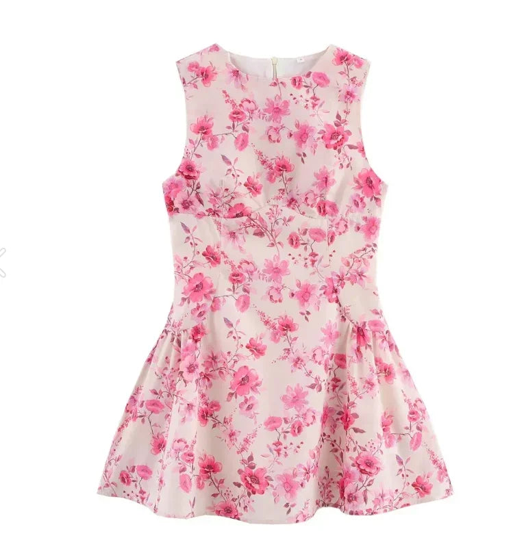 Sleeveless Pink Floral Mini Women High Neck A-line Dress