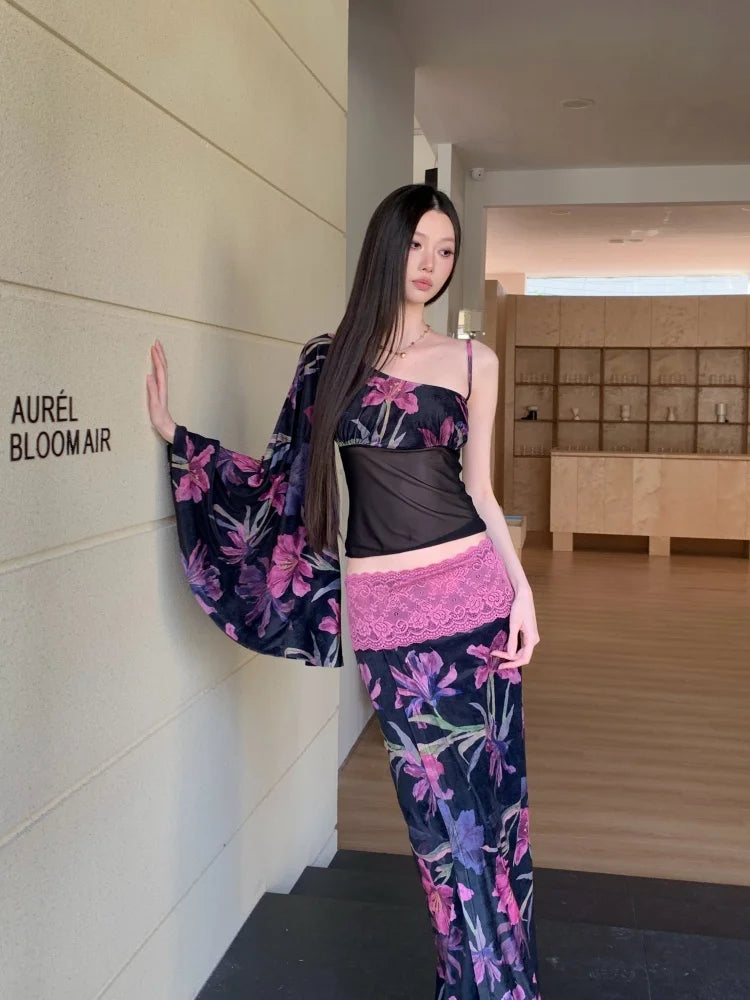 Floral Vintage Velour Off Shoulder Two Piece Set