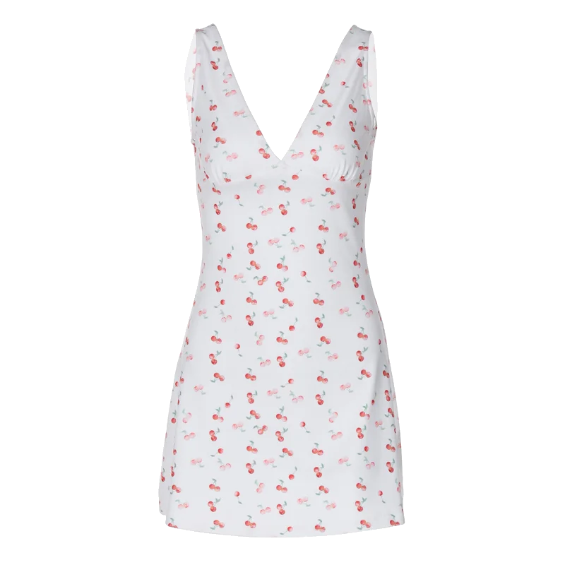 Cherry Print Straps Backless Draped Mini Dress