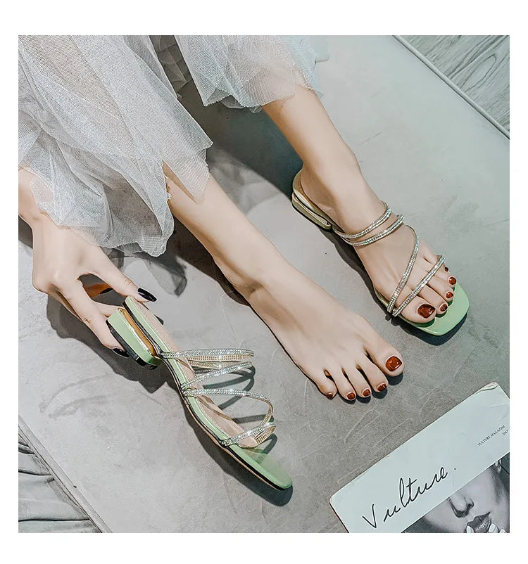 Crystal Rhinestone Clear Strap Sandals With Low Heel