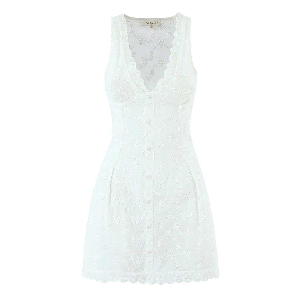 White Embroidered Lace V Neck Mini Dress With Hollow Out Detail And Back Zipper Closure