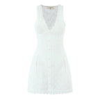 White Embroidered Lace V Neck Mini Dress With Hollow Out Detail And Back Zipper Closure