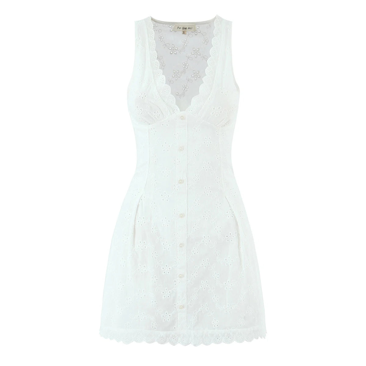 White Embroidered Lace V Neck Mini Dress With Hollow Out Detail And Back Zipper Closure