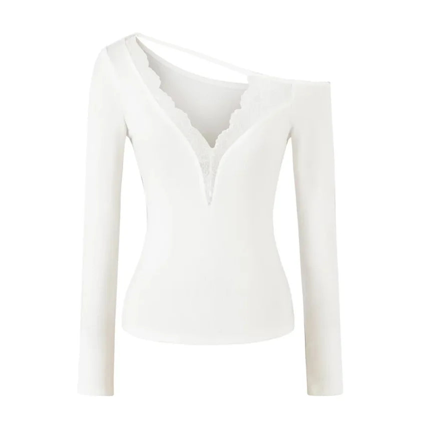 Soft Cotton Long Sleeve Lace Trim V Neck Top Feminine Style