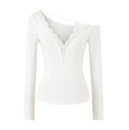 Soft Cotton Long Sleeve Lace Trim V Neck Top Feminine Style