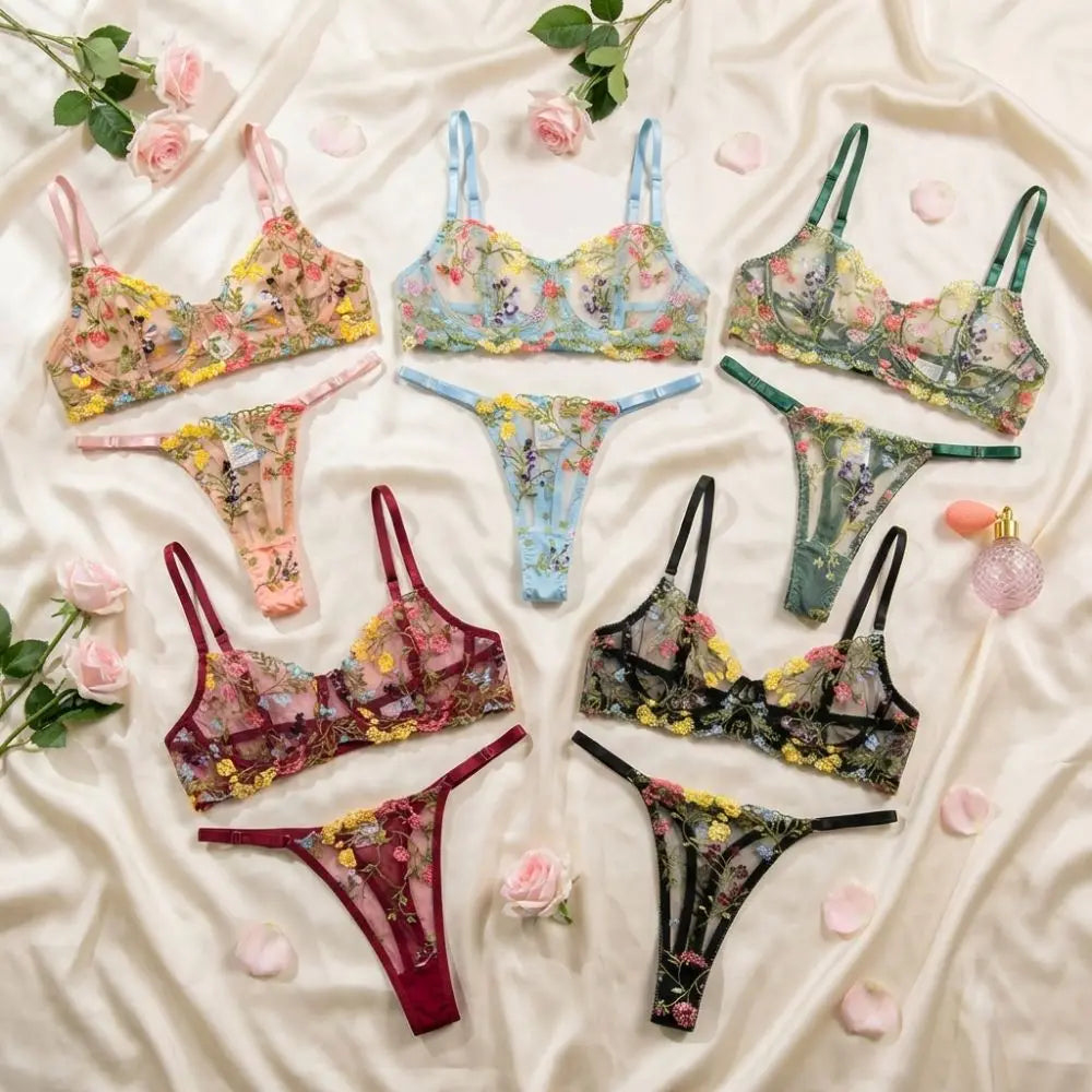Floral Sheer Embroidery Lingerie Set With Underwire Push Up Bra And Panty Two Piece