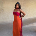 Orange Color Blocking Scarf Collar Maxi Dress For Lady Sleek Cinched Waist Bodycon Silhouette