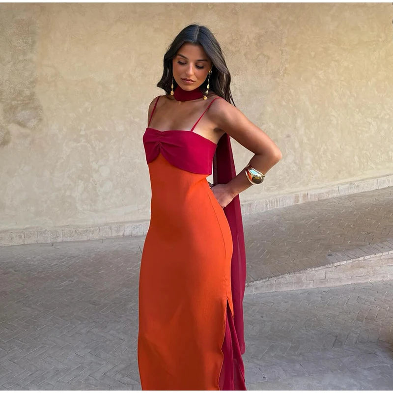 Orange Color Blocking Scarf Collar Maxi Dress For Lady Sleek Cinched Waist Bodycon Silhouette