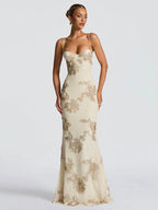 Chic Floral Embroidered Backless Maxi Dress With Low Neck And Crossback
