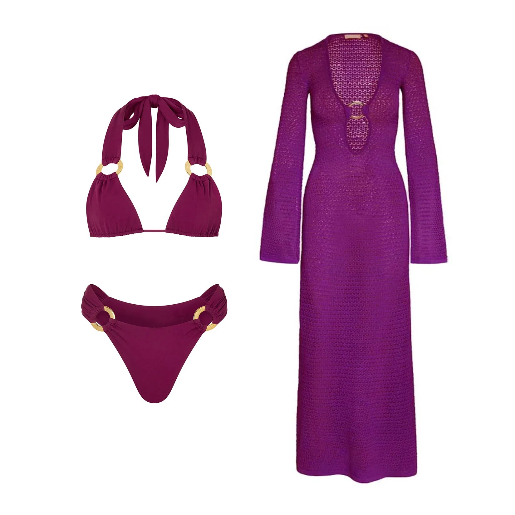 Three Piece Halter Bikini Set Purple Crochet Dress Swimsuit With Push Up Bandeau Beachwear