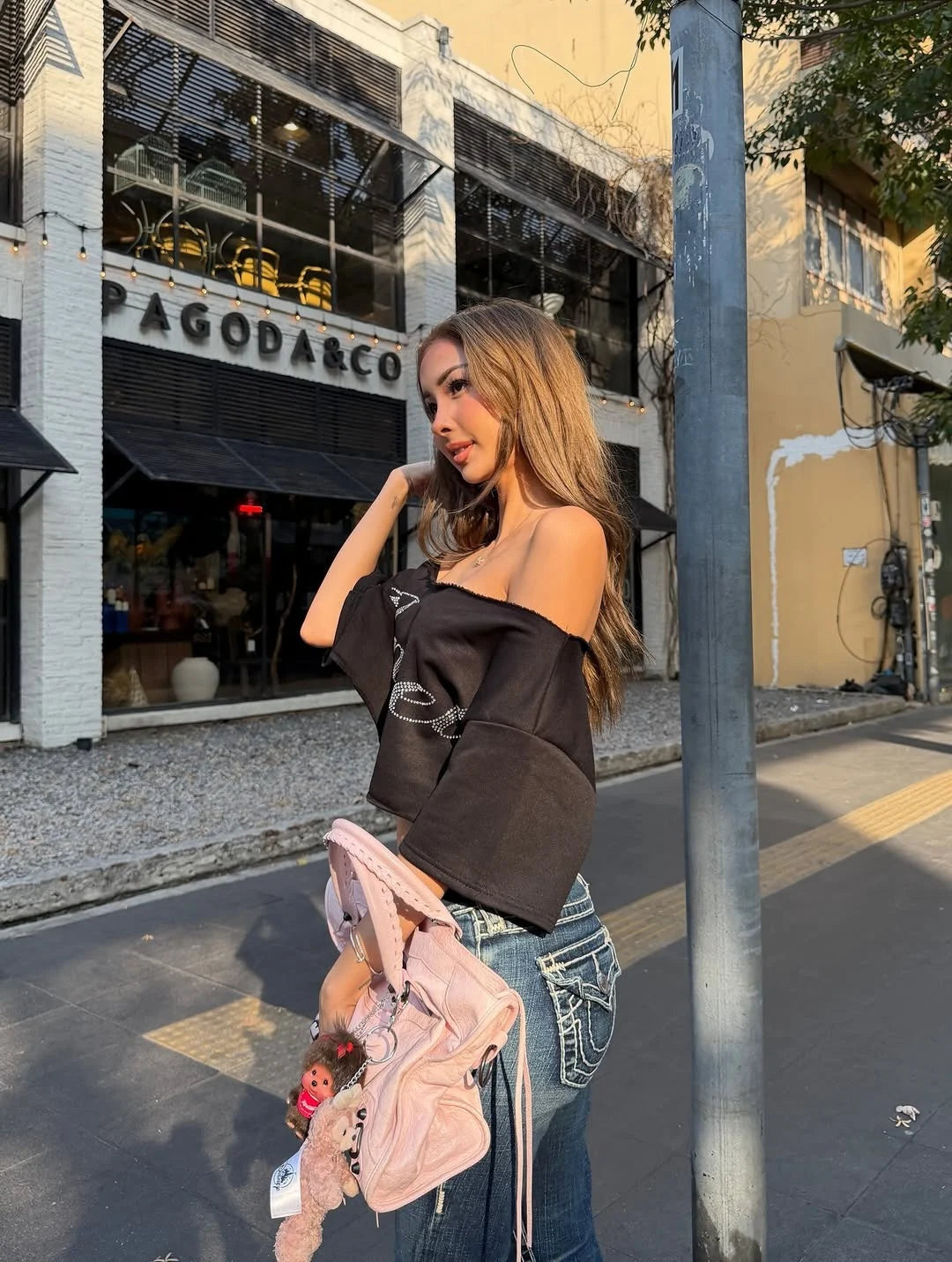 Shimmering Letter Rhinestone Tee Off Shoulder Top With Skew Collar