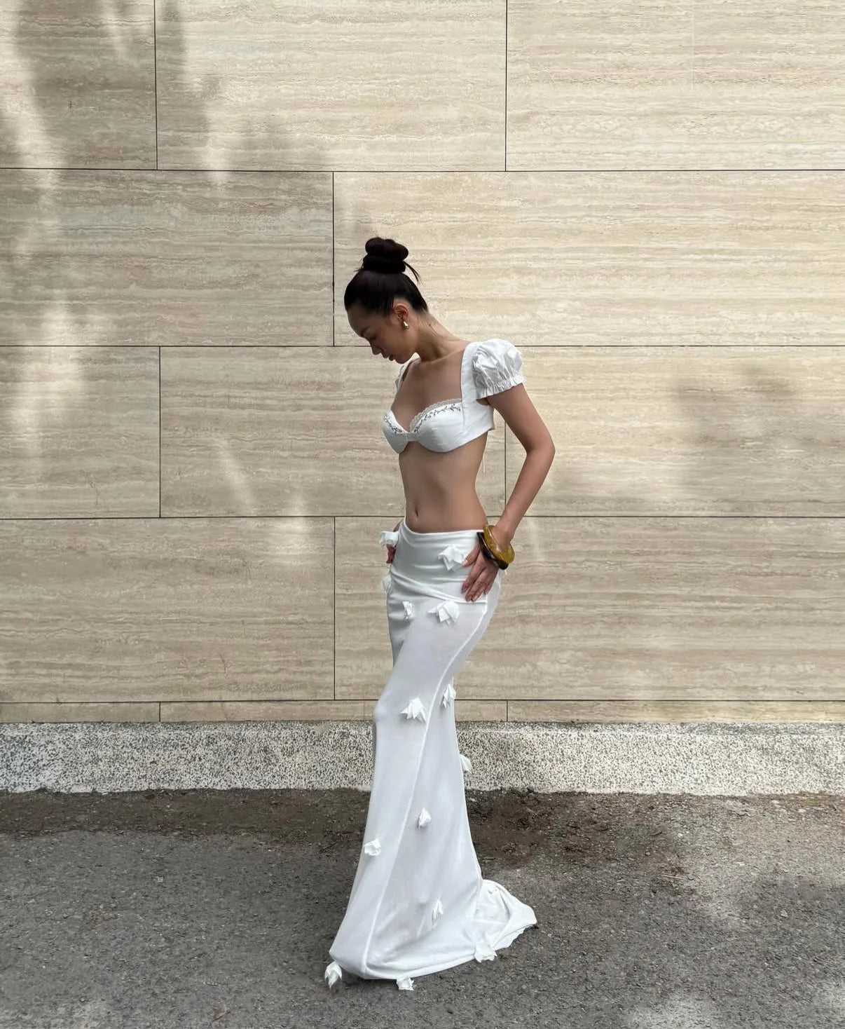 Honey Vacation Outfit Pure Desire White 3D Flower Embroidery Long Dress Set