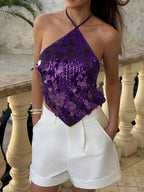 Backless Glitter Halter Tank Top With Sequin Design