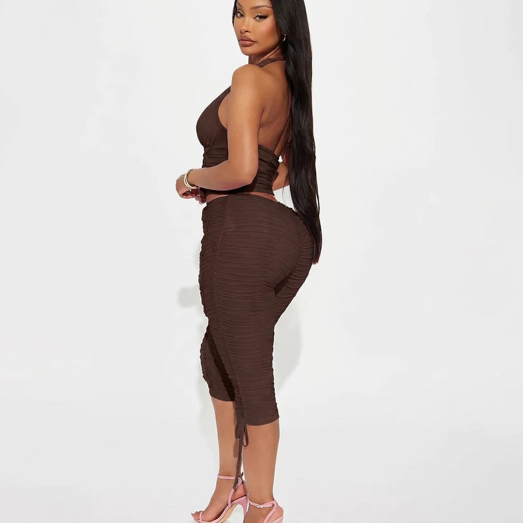 V Neck Halter Crop Top Two Piece Set With Sleek Fitted Pants