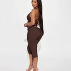 V Neck Halter Crop Top Two Piece Set With Sleek Fitted Pants