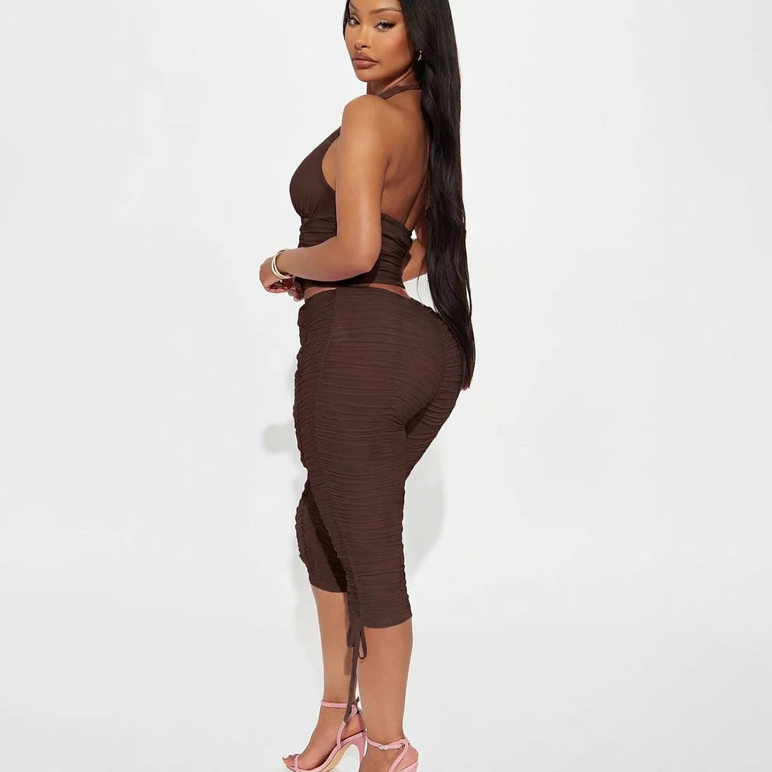 V Neck Halter Crop Top Two Piece Set With Sleek Fitted Pants