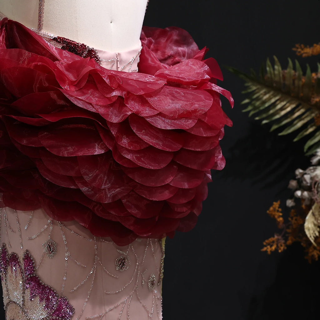 Elegant Pink Floral Beaded Evening Dress With Burgundy Shawl Cape For Women Party Gown