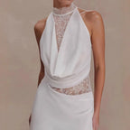 Slim Fit Lace Patchwork Satin Sleeveless Party Dress With Hollow Out Detailing White