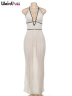 Backless Halter Dress in Color Block Lace Up