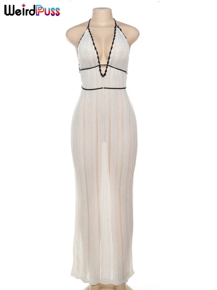 Backless Halter Dress in Color Block Lace Up