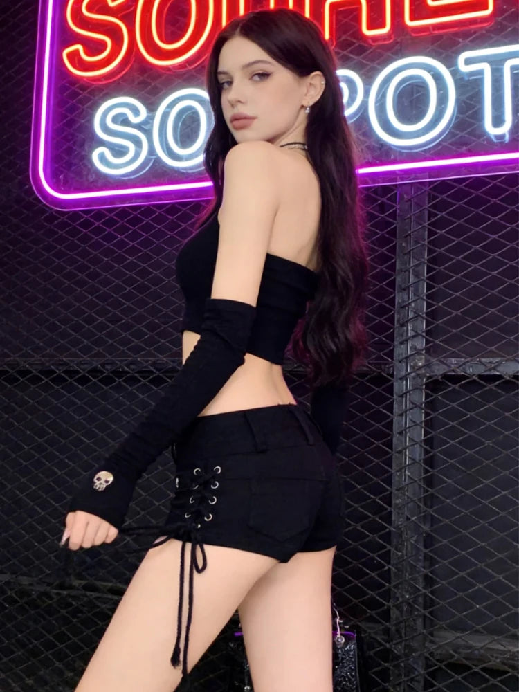 Black Gothic Denim Shorts With Vintage Aesthetic Low Waist