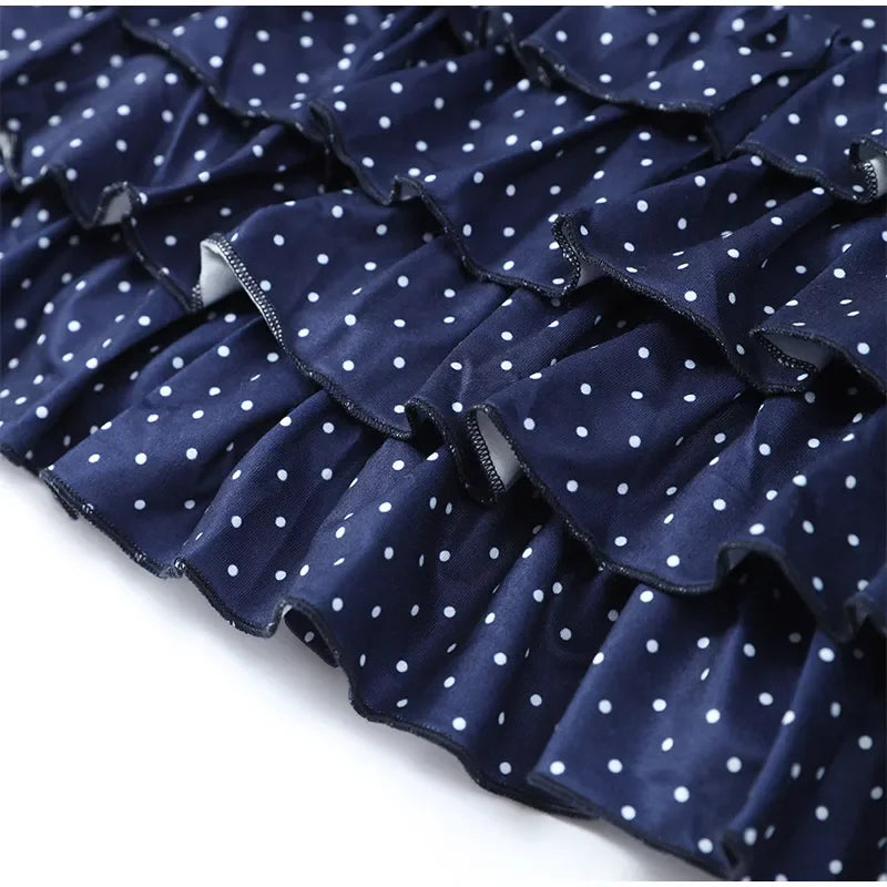 Polka Dot V Neck Halter Top Set With High Waist Ruffle Hem Mini Skirt