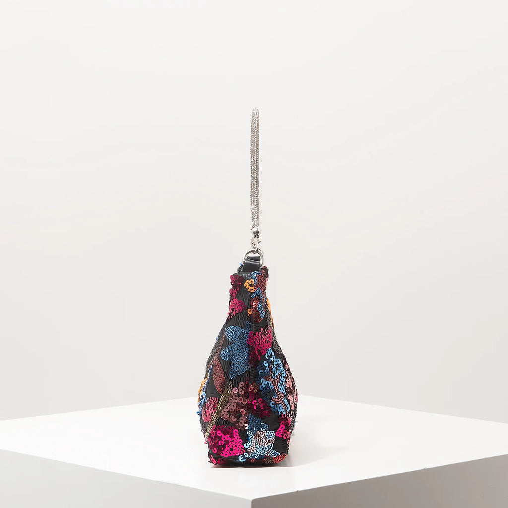Floral Embroidered Sequin Shoulder Bag For Women Crescent Shape Evening Purse