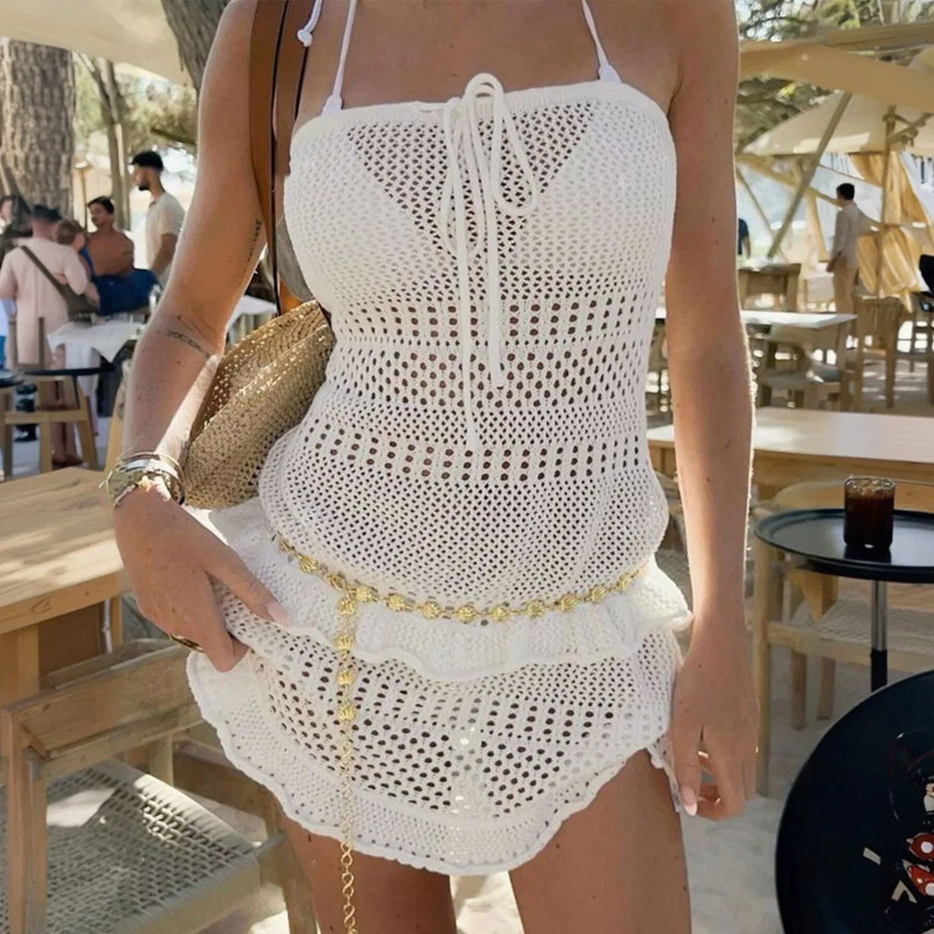 Sexy Women Knit Beach Dress Hollow Out Sleeveless Bikini Cover-Ups Mini Dress
