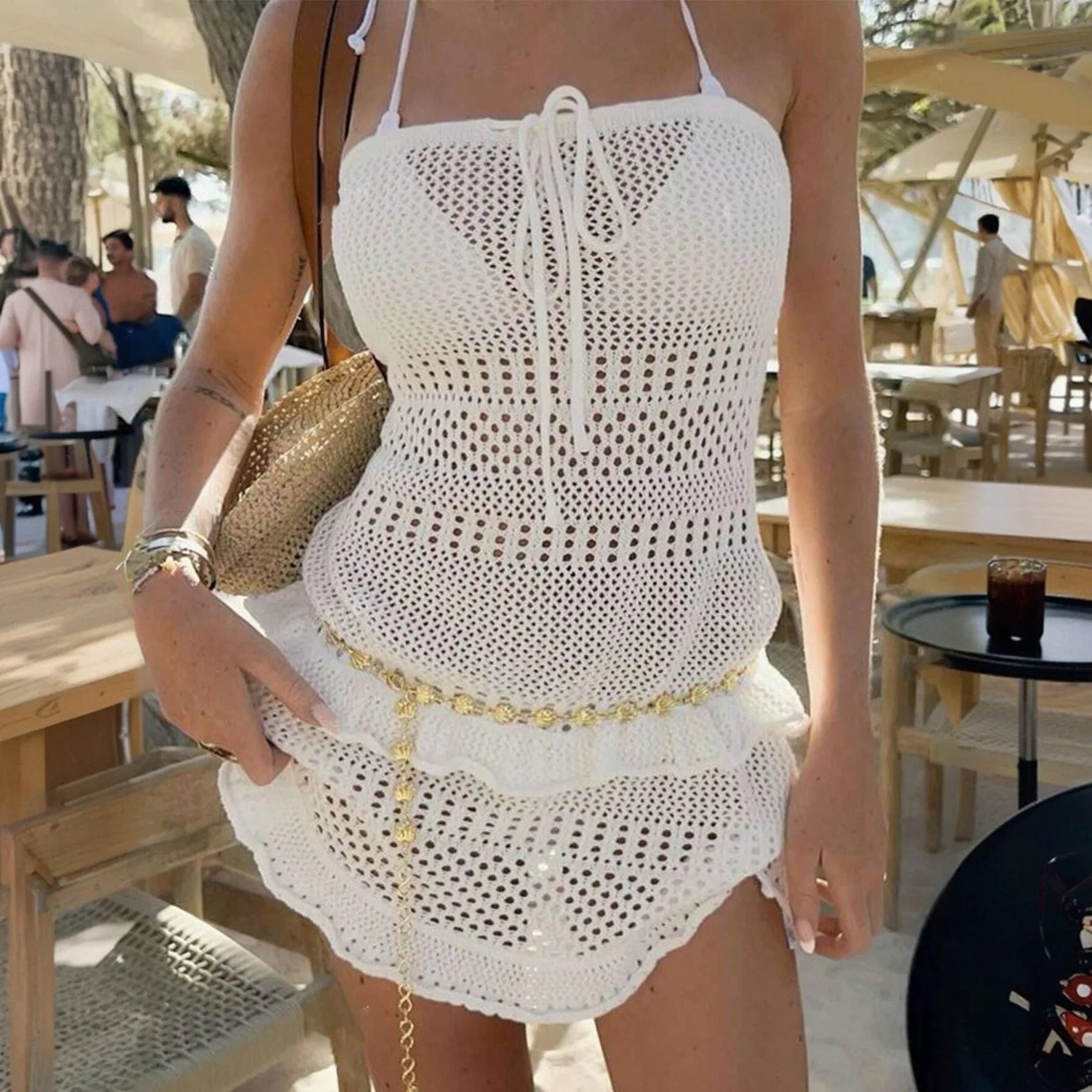 Sexy Women Knit Beach Dress Hollow Out Sleeveless Bikini Cover-Ups Mini Dress