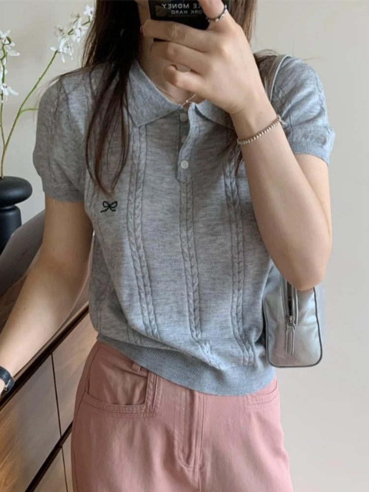 Sweet Bow Embroidered Knitted Polo Shirt For Women Short Sleeve
