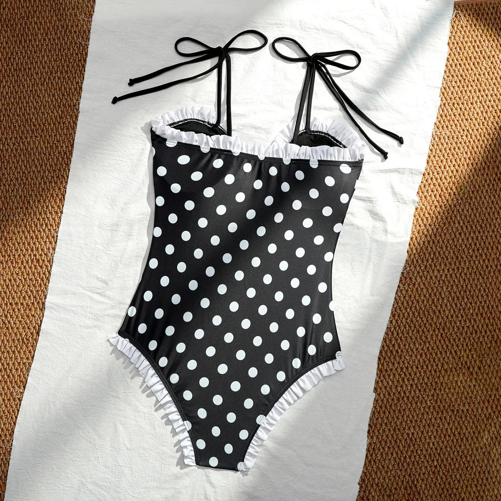 Vintage Black Polka Dot One Piece Swimsuit With Hollow Out Front And Bow Ruffle Lace Trim