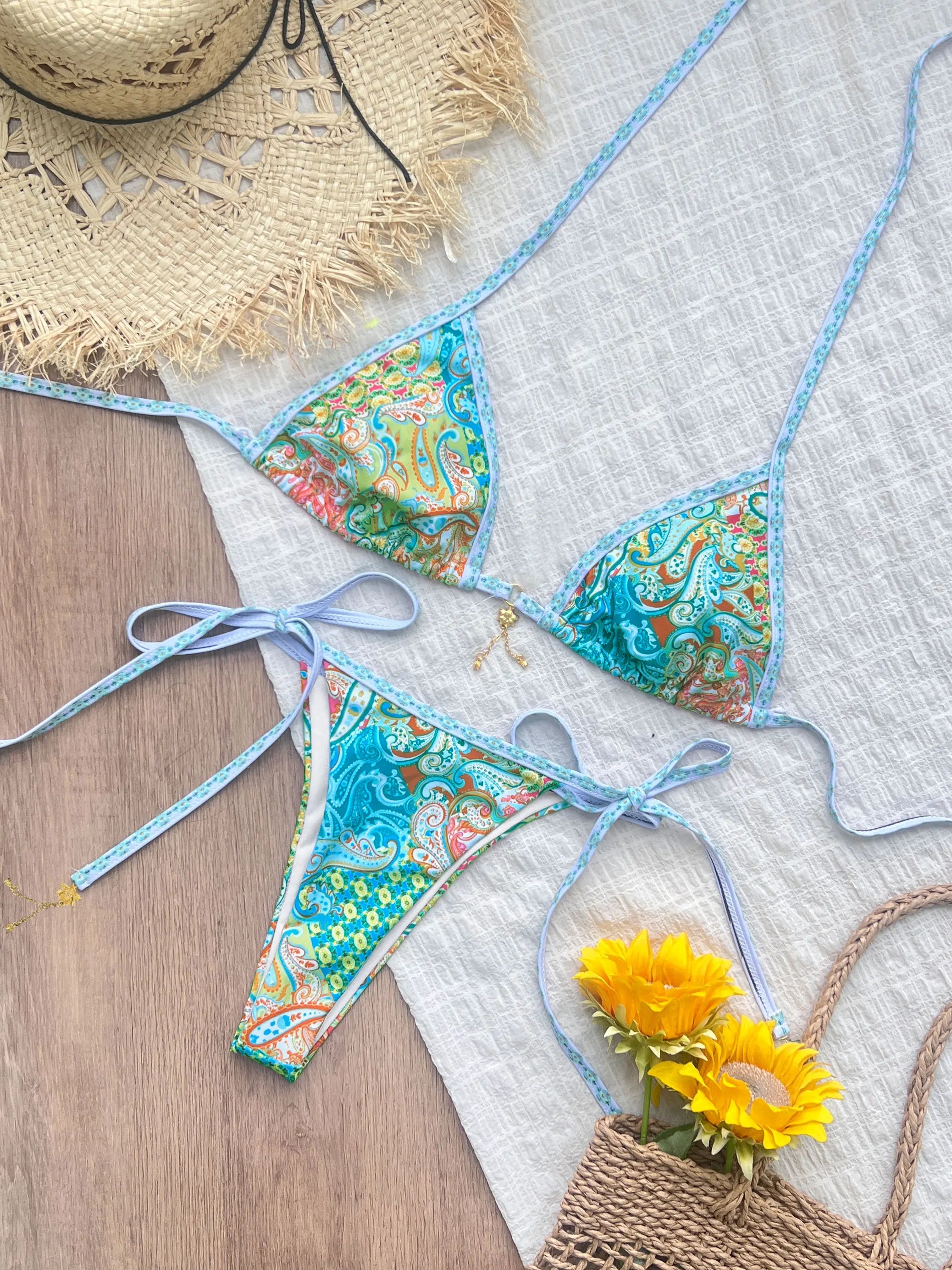 Triangle Striped Micro Bikini Set For Women
