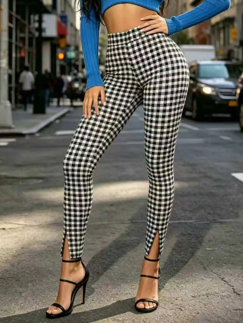 Black And White Plaid Leggings For Women High Waist Slim Fit Ankle Slit