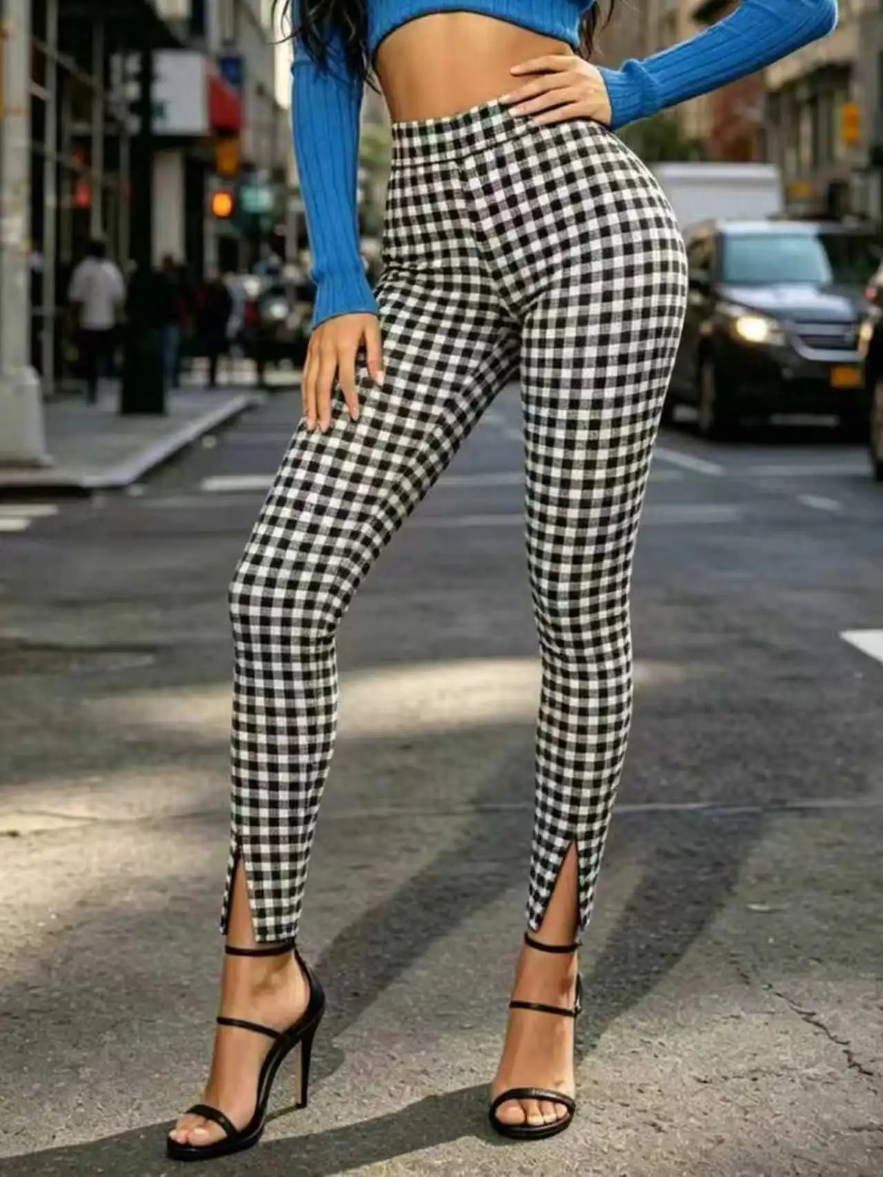 Black And White Plaid Leggings For Women High Waist Slim Fit Ankle Slit
