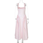 Gingham Square Neck A-Line Midi Dress With Pockets
